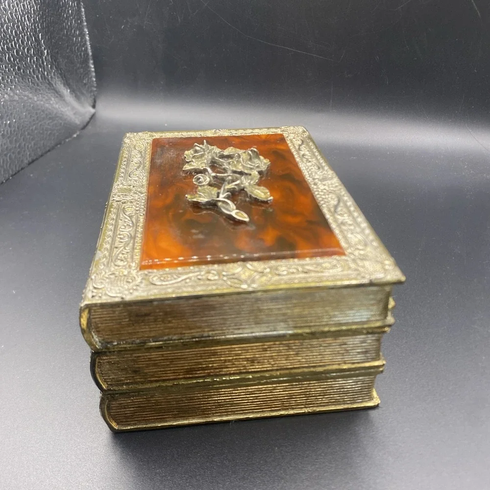 Vintage Linden Brass Plated Rose Jewelry Box Gold Tone 3 Stacked Book Shaped